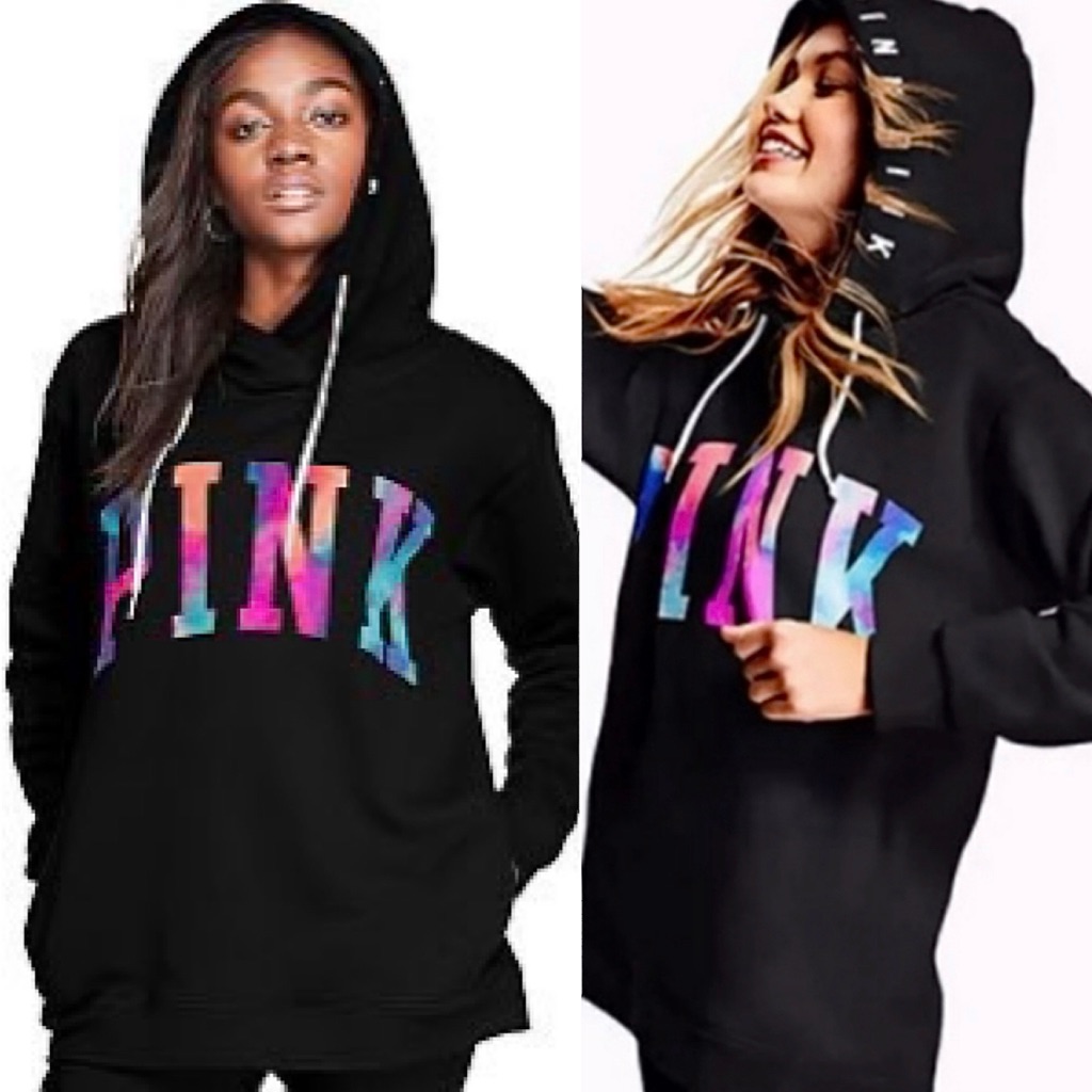 Victoria’s Secret Pink Rare Black Watercolor Tie Dye Logo Oversized Hoodie Xs